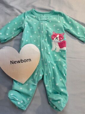 Carter's - Newborn Aqua Polka Dot Fleece Onesie Sleeper with Cat/Dog Patch